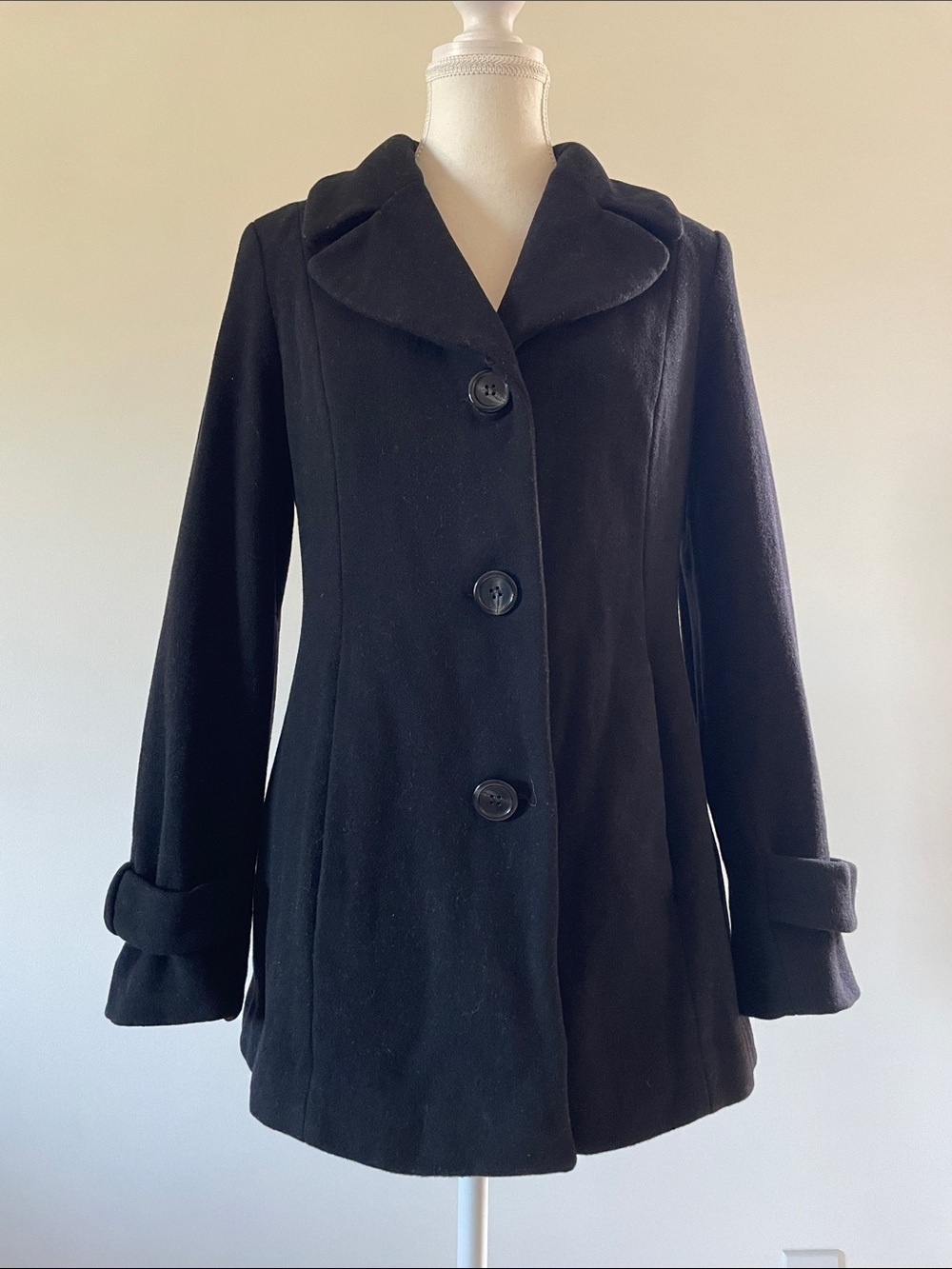 Herman Kay Pea Coat 100% Wool Black Vintage 80’s Winter Women’s Small